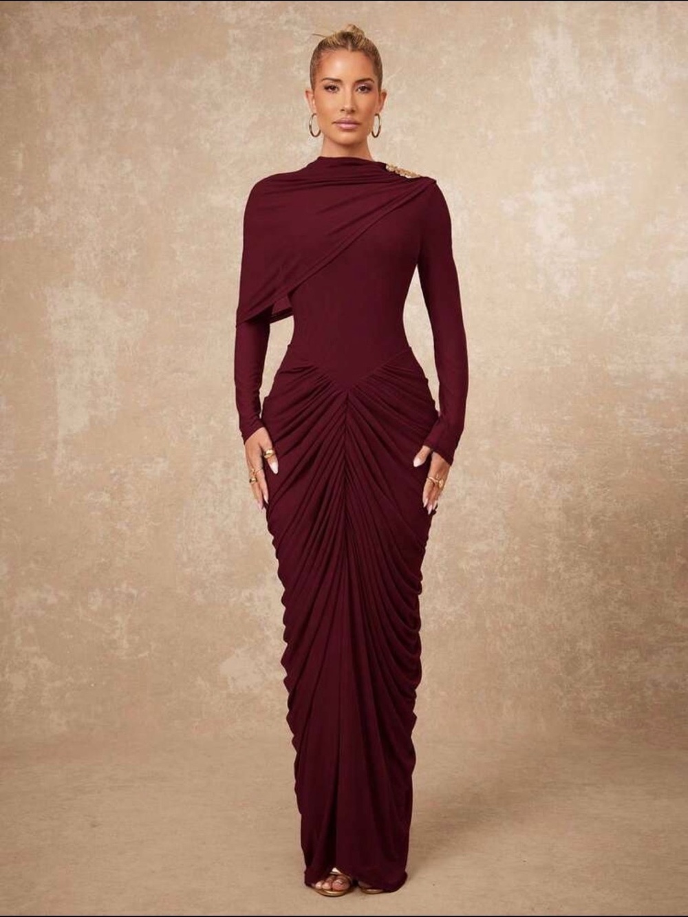Elegant Burgundy Draped Evening Gown - Women Dresses